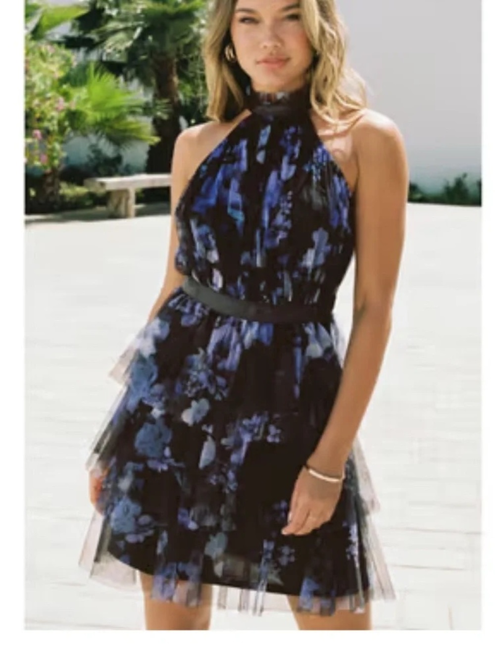 Lips Floral Faux Halter Tiered Mini Dress